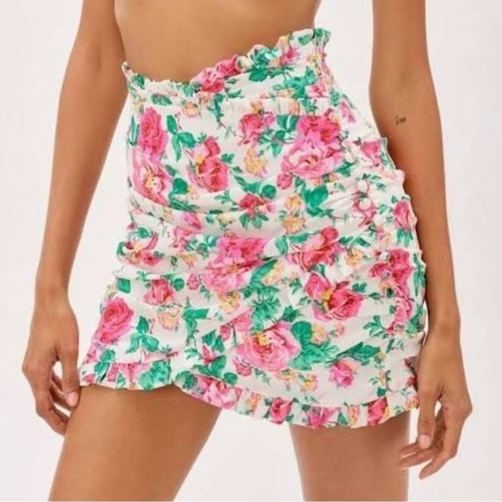 For Love & Lemons Becca Mini Skirt in Ivory With Pink Flowers size Medium
